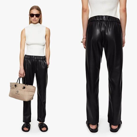 Anine Bing Vegan Leather Colton Black Pants Straight Leg Trousers Size L - Picture 1 of 14